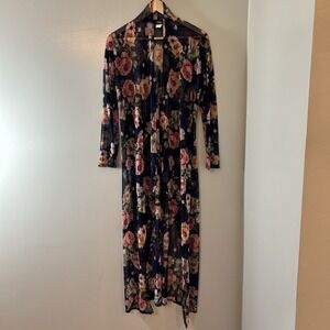 Objex Duster Cardigan Women's  Large Floral Sheer Mesh Fairy 90's Vintage